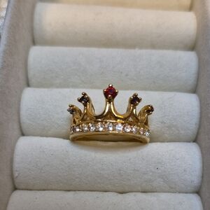 Gold Tone Crown Ring with Multicolor Rhinestone Accents